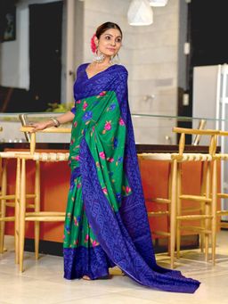 Suha - Green Pure Mulmul Cotton Flower Print Saree with Unstitched Blouse