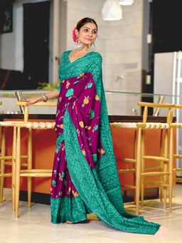 Suha - Magenta Pure Mulmul Cotton Flower Print Saree with Unstitched Blouse