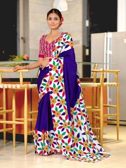 Suha - Blue Printed Cotton Mul Saree with Unstitched Blouse