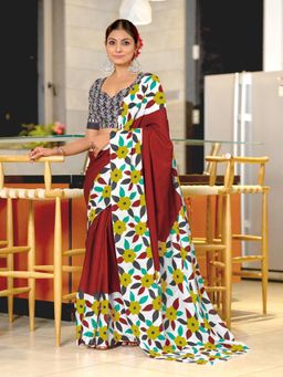 Suha - Maroon Printed Cotton Mul Saree with Unstitched Blouse