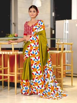 Suha - Green Printed Cotton Mul Saree with Unstitched Blouse