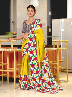 Suha - Yellow Printed Cotton Mul Saree with Unstitched Blouse