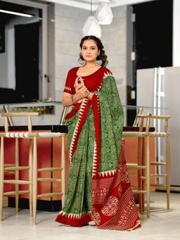 Suha - Green Hand Block Printed Cotton Mul Saree with Unstitched Blouse