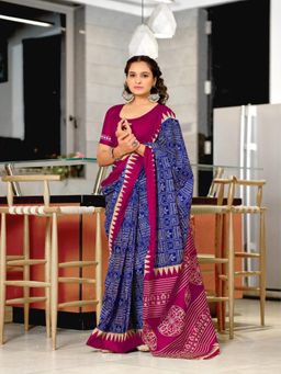 Suha - Blue Hand Block Printed Cotton Mul Saree with Unstitched Blouse