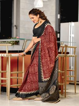 Suha - Maroon Hand Block Printed Cotton Mul Saree with Unstitched Blouse