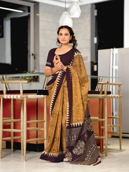 Suha - Mustard Hand Block Printed Cotton Mul Saree with Unstitched Blouse