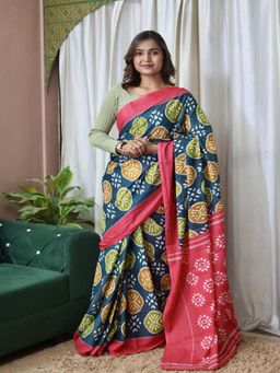 Suha - Grey Hand Block Printed Cotton Mul Saree with Unstitched Blouse