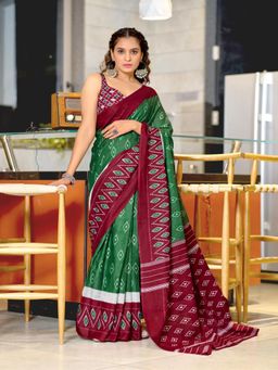 Suha - Green Hand Block Printed Cotton Mul Saree with Unstitched Blouse
