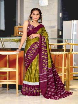 Suha - Olive Hand Block Printed Cotton Mul Saree with Unstitched Blouse