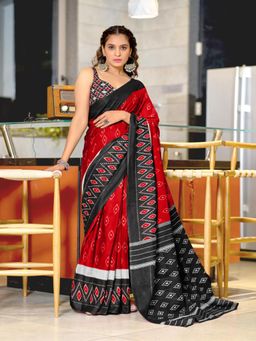 Suha - Red Hand Block Printed Cotton Mul Saree with Unstitched Blouse