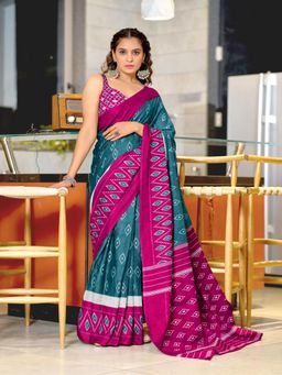 Suha - Teal Hand Block Printed Cotton Mul Saree with Unstitched Blouse