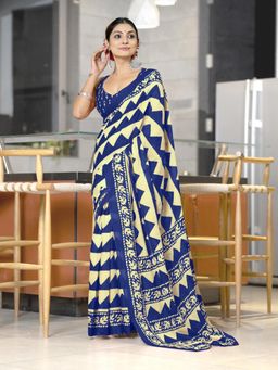 Suha - Blue Pure Mulmul Cotton Hand Block Print Saree with Unstitched Blouse