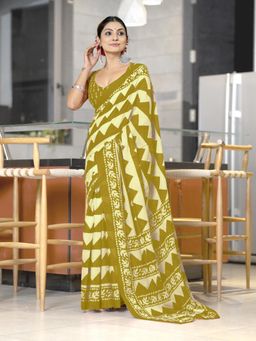 Suha - Green Pure Mulmul Cotton Hand Block Print Saree with Unstitched Blouse