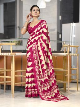 Suha - Pink Pure Mulmul Cotton Hand Block Print Saree with Unstitched Blouse