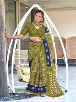 Suha - Olive Ikat Print Mulmul Cotton Saree with Unstitched Blouse