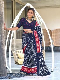 Suha - Navy Blue Ikat Print Mulmul Cotton Saree with Unstitched Blouse