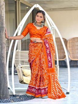Suha - Orange Ikat Print Mulmul Cotton Saree with Unstitched Blouse