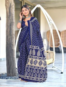 Suha - Blue Bagru Mulmul Cotton Saree with Unstitched Blouse