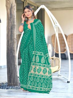 Suha - Green Bagru Mulmul Cotton Saree with Unstitched Blouse