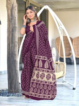 Suha - Wine Bagru Mulmul Cotton Saree with Unstitched Blouse