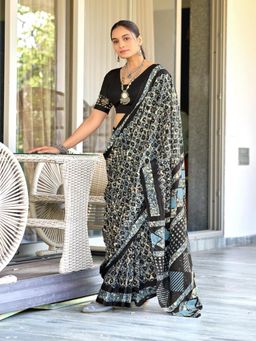 Suha - Black Pure Mulmul Cotton Hand Block Print Saree with Unstitched Blouse