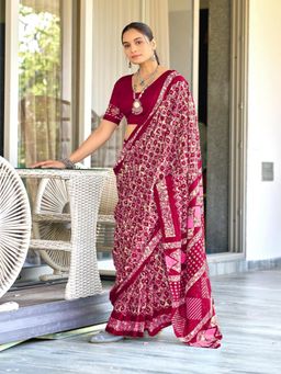 Suha - Magenta Pure Mulmul Cotton Hand Block Print Saree with Unstitched Blouse