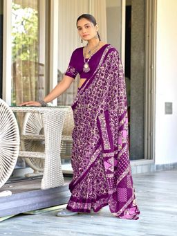 Suha - Purple Pure Mulmul Cotton Hand Block Print Saree with Unstitched Blouse