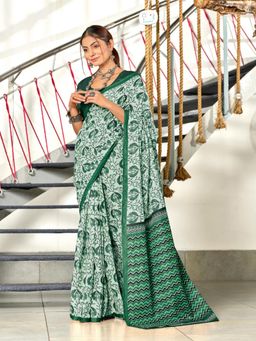 Suha - Green Pure Mulmul Cotton Hand Block Print Saree with Unstitched Blouse