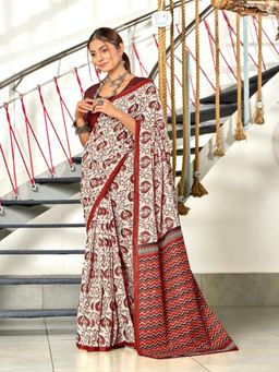Suha - Maroon Pure Mulmul Cotton Hand Block Print Saree with Unstitched Blouse