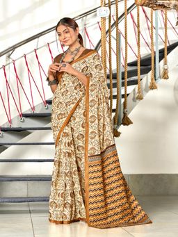 Suha - Brown Pure Mulmul Cotton Hand Block Print Saree with Unstitched Blouse