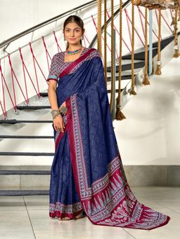 Suha - Blue Bandhani Print Mulmul Cotton Saree with Unstitched Blouse