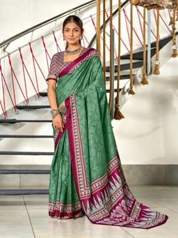 Suha - Green Bandhani Print Mulmul Cotton Saree with Unstitched Blouse