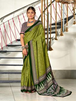 Suha - Olive Bandhani Print Mulmul Cotton Saree with Unstitched Blouse