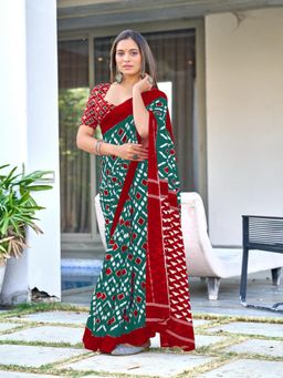 Suha - Green Pure Mulmul Cotton Hand Block Print Saree with Unstitched Blouse