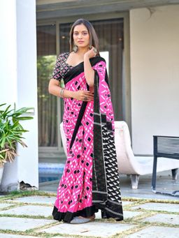 Suha - Pink Pure Mulmul Cotton Hand Block Print Saree with Unstitched Blouse