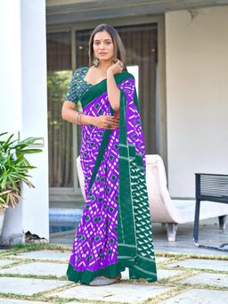Suha - Purple Pure Mulmul Cotton Hand Block Print Saree with Unstitched Blouse