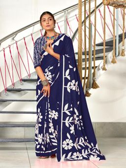 Suha - Blue Hand Block Printed Cotton Mul Saree with Unstitched Blouse