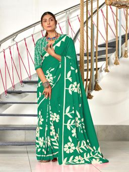 Suha - Green Hand Block Printed Cotton Mul Saree with Unstitched Blouse
