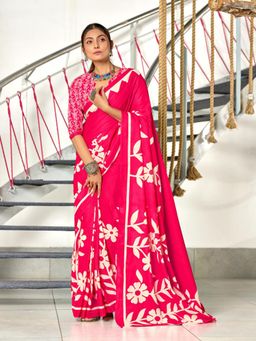 Suha - Pink Hand Block Printed Cotton Mul Saree with Unstitched Blouse