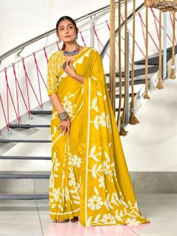 Suha - Yellow Hand Block Printed Cotton Mul Saree with Unstitched Blouse