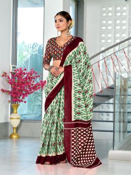 Suha - Green Hand Block Print Mulmul Cotton Saree with Unstitched Blouse