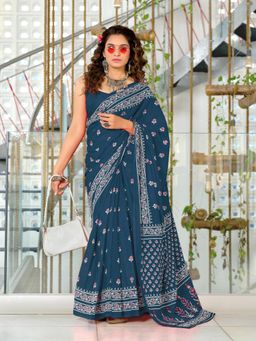 Suha - Blue Hand Block Print Mulmul Cotton Saree with Unstitched Blouse