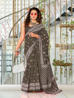 Suha - Grey Hand Block Print Mulmul Cotton Saree with Unstitched Blouse