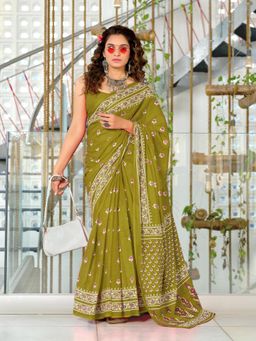 Suha - Olive Hand Block Print Mulmul Cotton Saree with Unstitched Blouse