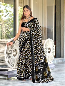 Suha - Black Hand Block Print Mulmul Cotton Saree with Unstitched Blouse