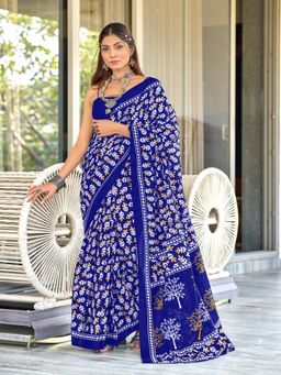 Suha - Blue Hand Block Print Mulmul Cotton Saree with Unstitched Blouse