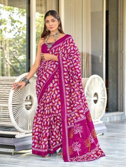 Suha - Pink Hand Block Print Mulmul Cotton Saree with Unstitched Blouse