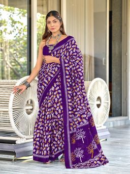 Suha - Purple Hand Block Print Mulmul Cotton Saree with Unstitched Blouse