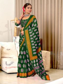 Suha - Green Hand Block Print Mulmul Cotton Saree with Unstitched Blouse