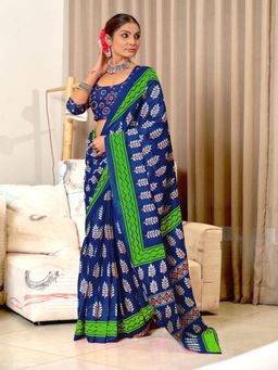 Suha - Blue Hand Block Print Mulmul Cotton Saree with Unstitched Blouse